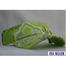 NWT Mujers Girls LEAF Symbol Embroidered Bling Visor Neon Green and White  eb-42173405